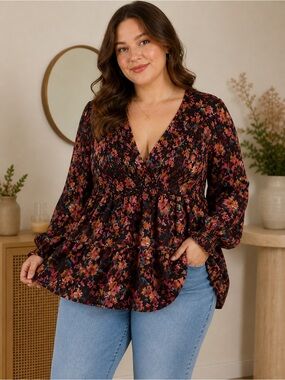 Maurices 1X Floral Babydoll Blouse Boho Spring Top Flowy Plus Size